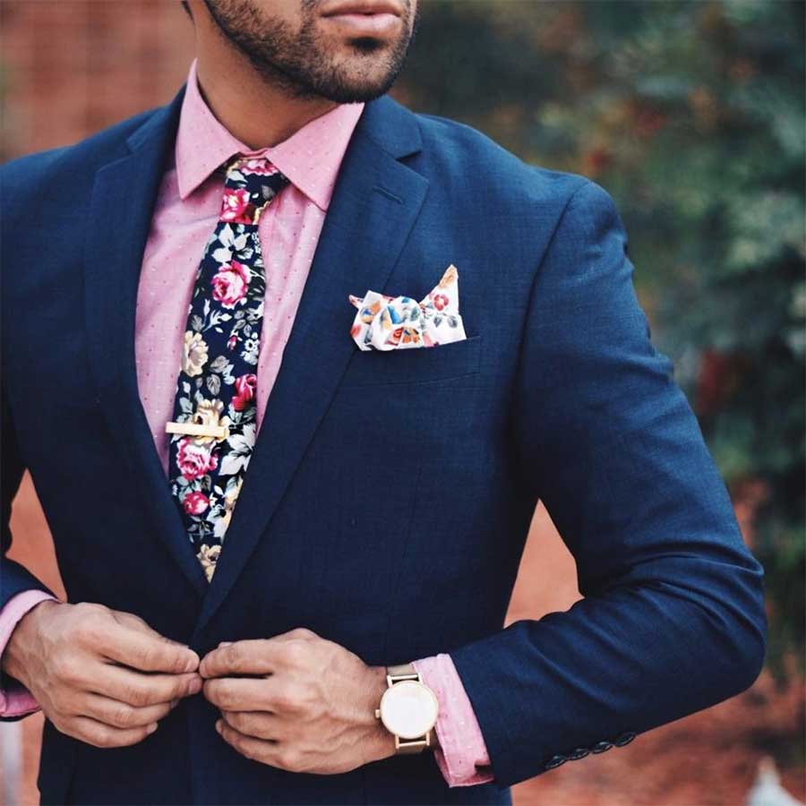 blue suit pink shirt